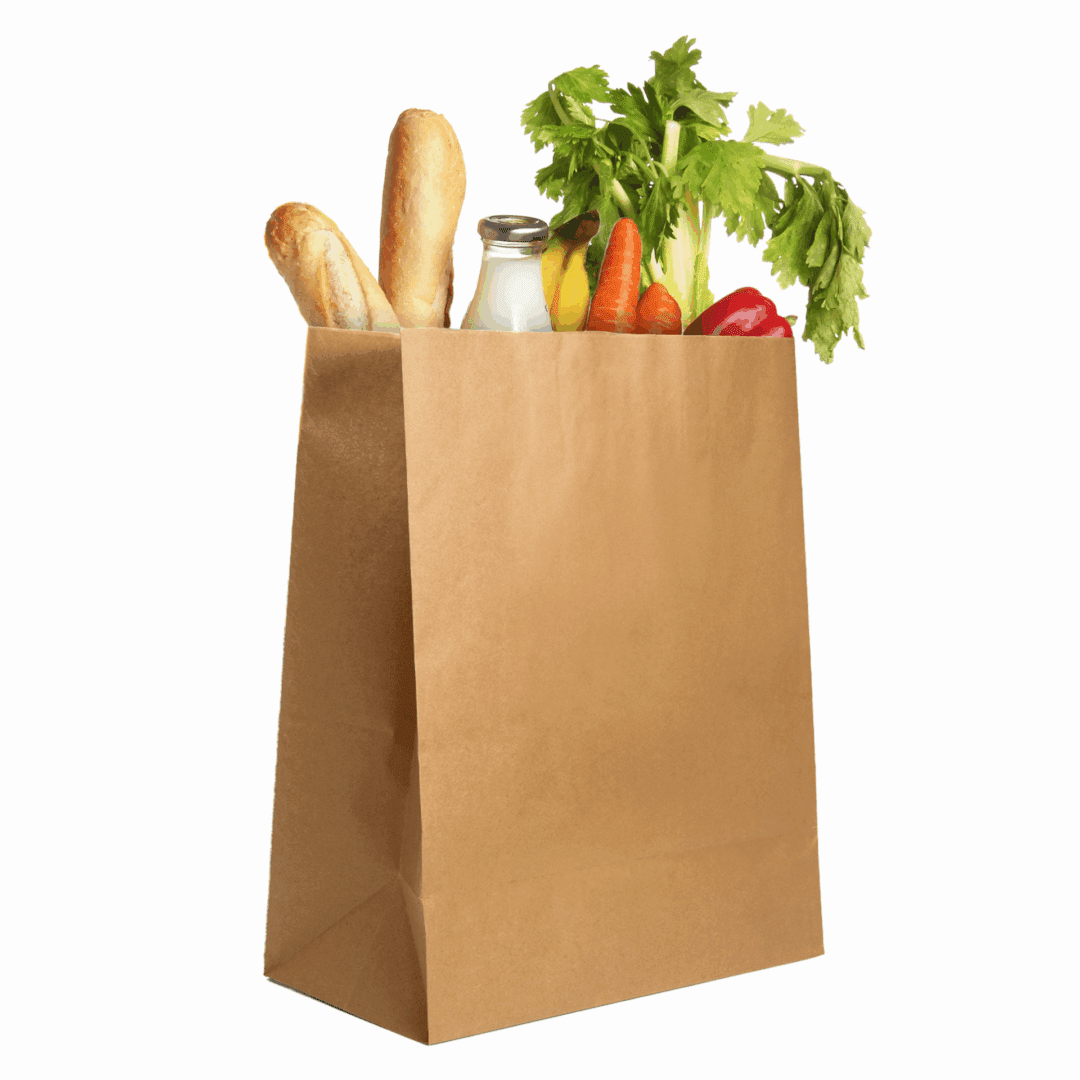 Paper bag filled with groceries and vegetables.