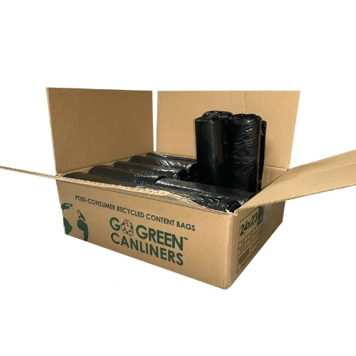 Box of black garbage bag rolls.