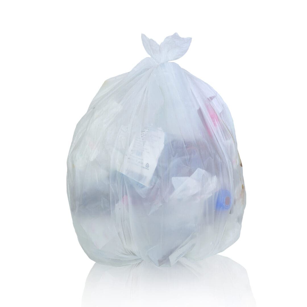 Clear plastic bag filled with trash.