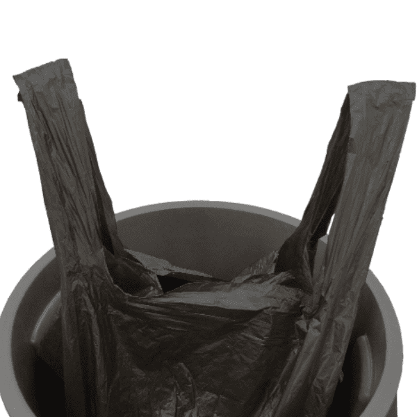 Black plastic bag in a gray pot.