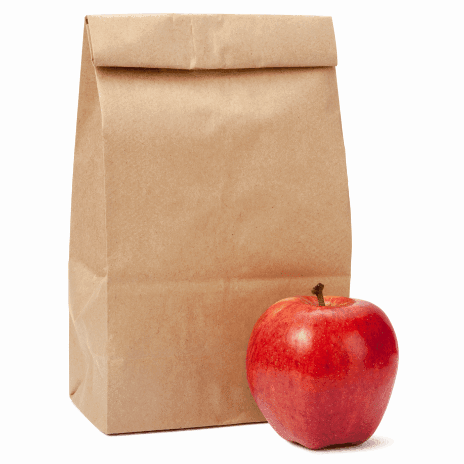 Brown paper bag next to red apple.