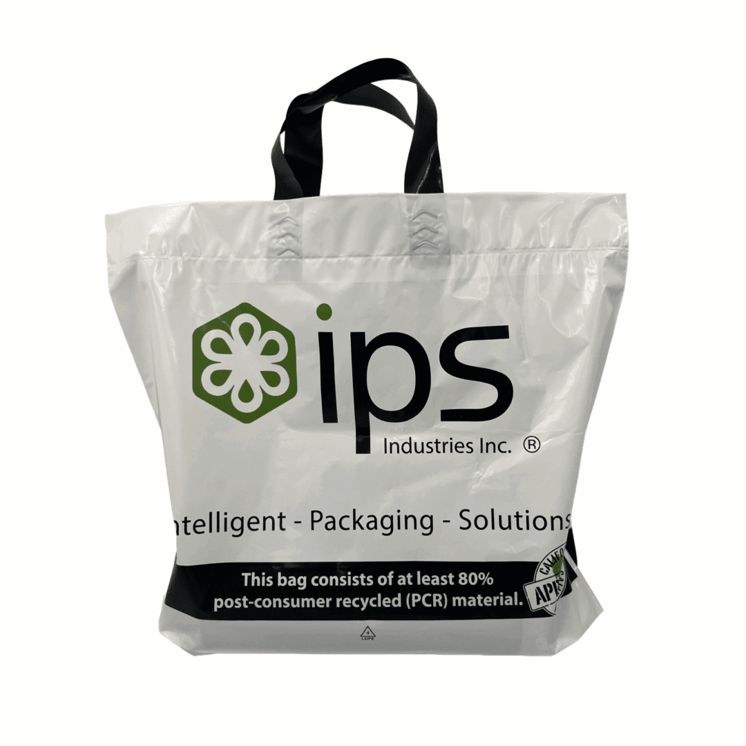 Recycled plastic bag with IPS logo.