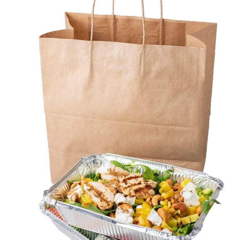 Takeout containers and paper bag.