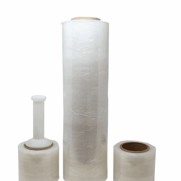 Three rolls of clear plastic wrap.