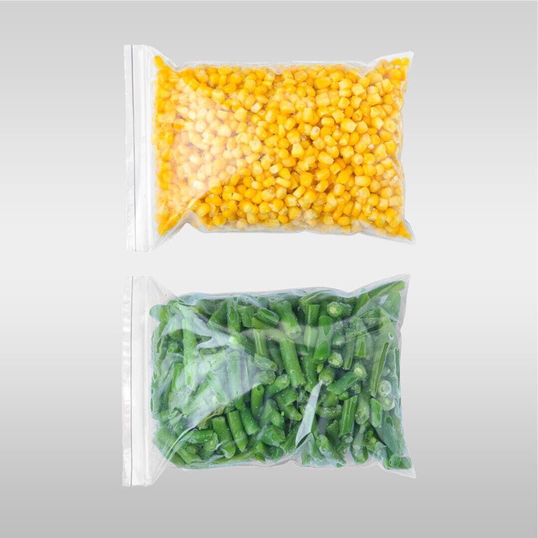 Two bags of corn and green beans are shown.