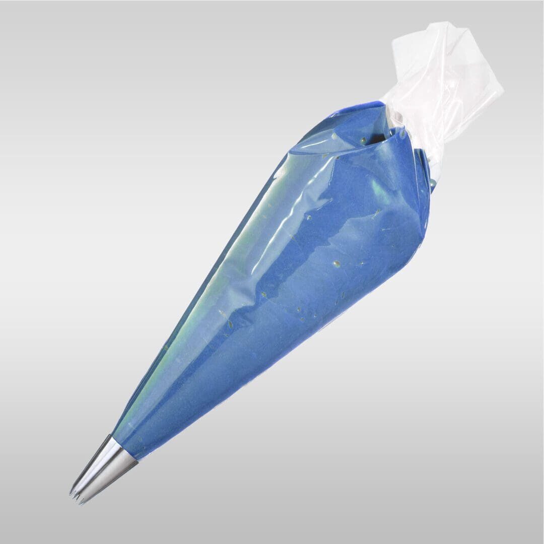 A blue and white umbrella with a plastic bag on top of it.