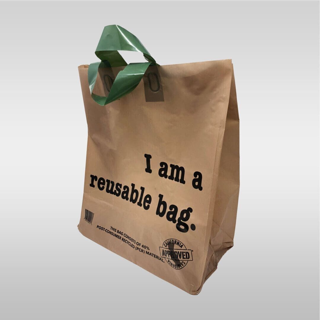 A brown bag with the words " i am a reusable bag ".